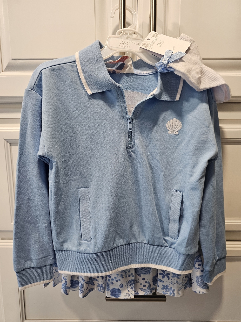 C&C California Kids Light Blue Quarter-Zip Shell Sweatshirt, Skirt, And Socks